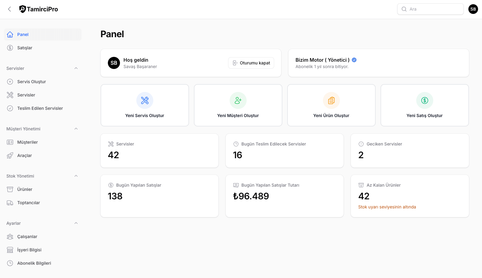 TamirciPRO yönetim paneli ekran görüntüsü